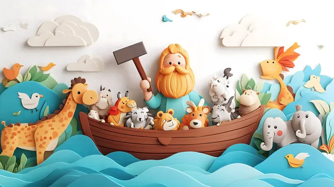 Bunte Arche Noah mit Tieren und Wellen