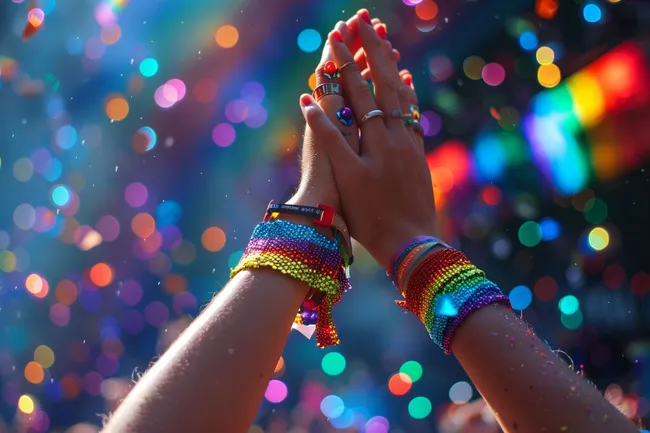 Bunte Armbandreifen vor funkelndem Hintergrund