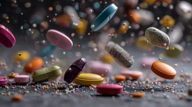 Bunte Arzneimittel und Pillen fliegen durch die Luft