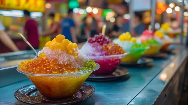 Bunte asiatische Desserts in Chinatown-Atmosphäre