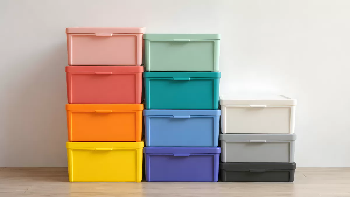 Bunte Aufbewahrungsboxen aus Kunststoff gestapelt