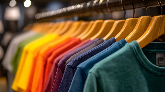 Bunte Auswahl an Baumwoll-T-Shirts auf Kleiderbügeln