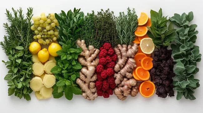 Bunte Auswahl an frischen Kräutern, Früchten und Gewürzen