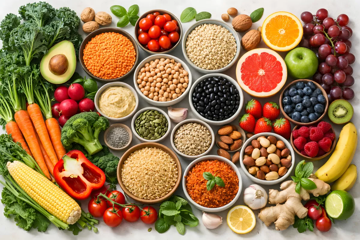 Bunte Auswahl an Gemüse, Hülsenfrüchten und Früchten