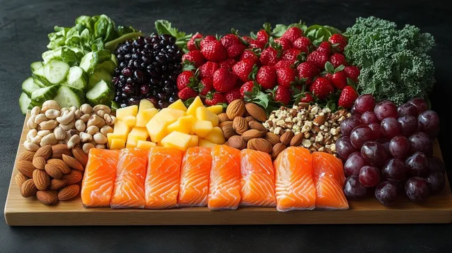 Bunte Auswahl an gesunden Lebensmitteln auf Holzbrett