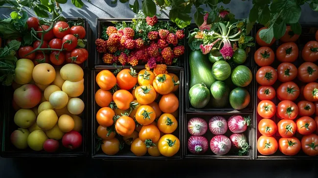 Bunte Auswahl an Obst und Gemüse auf einem Bauernmarkt