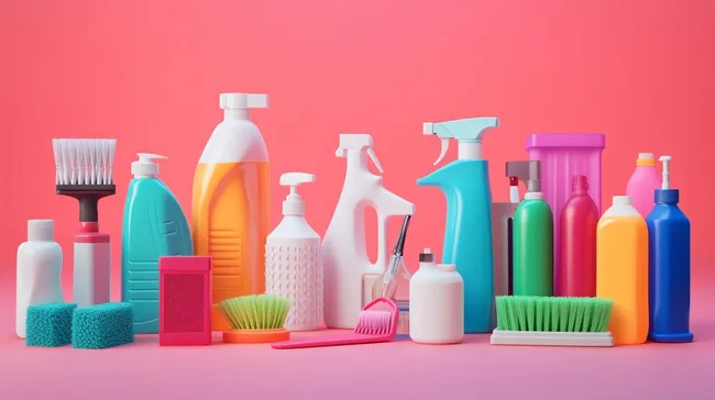 Bunte Auswahl an Reinigungsmitteln und Putzhilfen