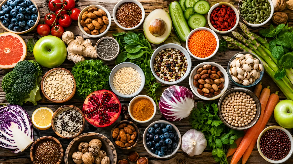 Bunte Auswahl an Superfoods und frischem Gemüse