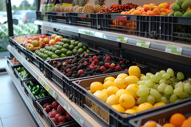 Bunte Auswahl an tropischen Früchten im Regal