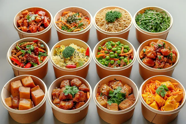 Bunte Auswahl asiatischer Gerichte in Papierschalen