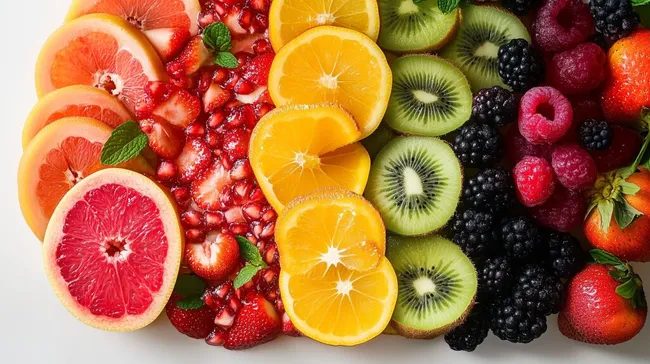 Bunte Auswahl frischer Sommerfrucht auf weißem Hintergrund