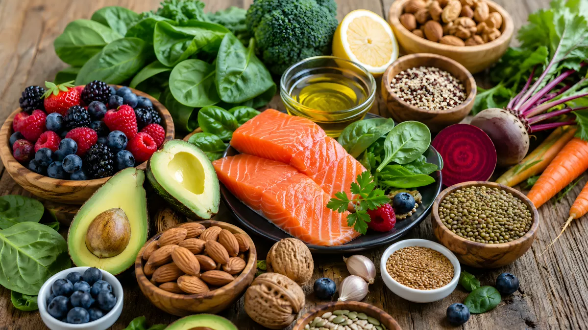 Bunte Auswahl frischer Superfoods auf Holztisch