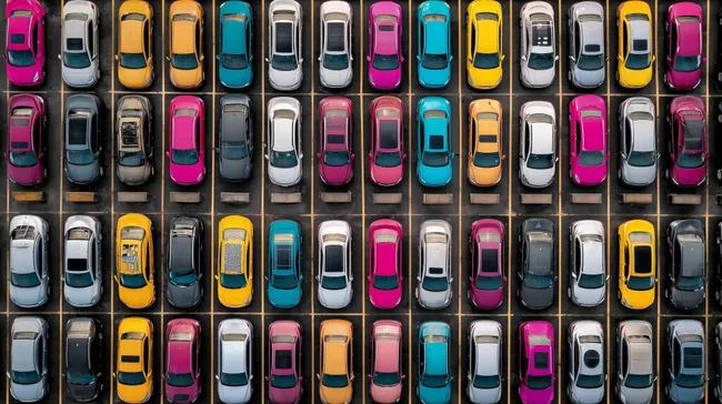 Bunte Autovielfalt auf Parkplatz in Draufsicht