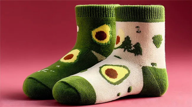Bunte Avocado-Socken vor rosa Hintergrund