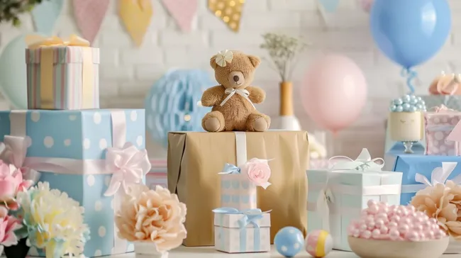 Bunte Baby-Shower-Deko mit Geschenken und Teddybär