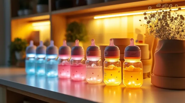 Bunte Babyflaschen in Reihe auf Holztisch