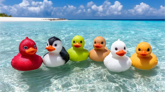 Bunte Badeenten im türkisblauen Karibikwasser