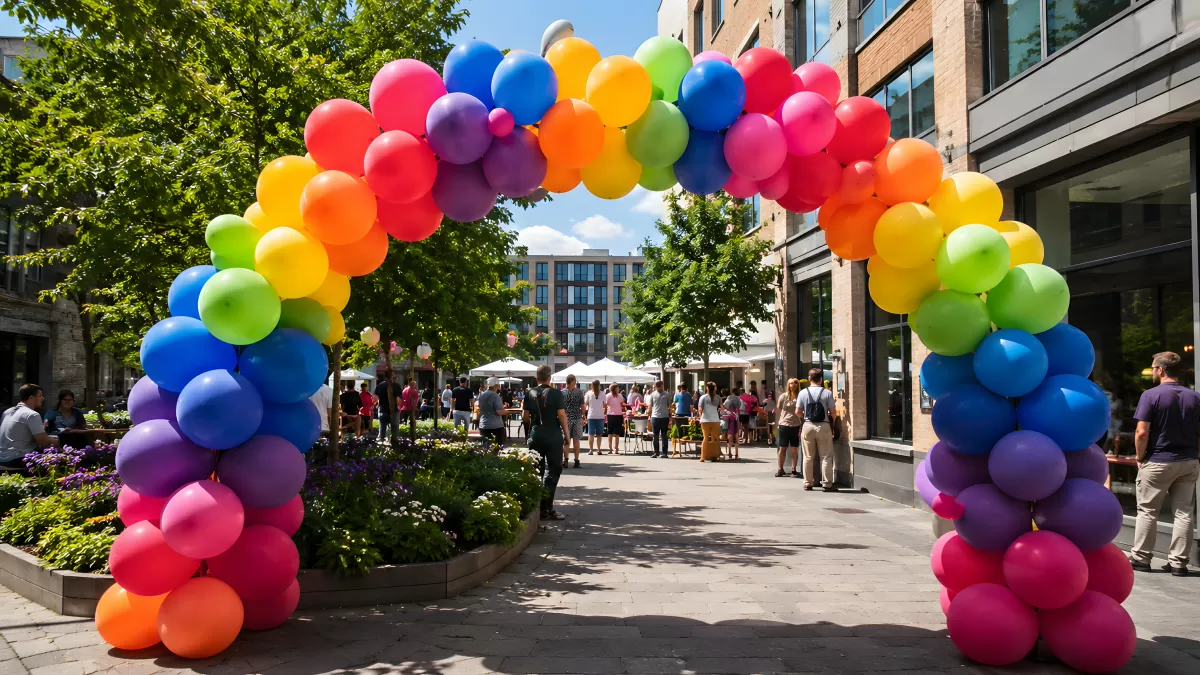 Bunte Ballonbogen-Installation auf einem Stadtplatz