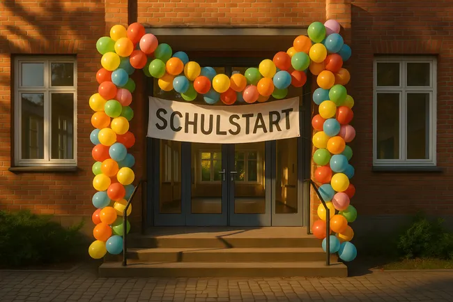 Bunte Ballondekoration am Schuleingang