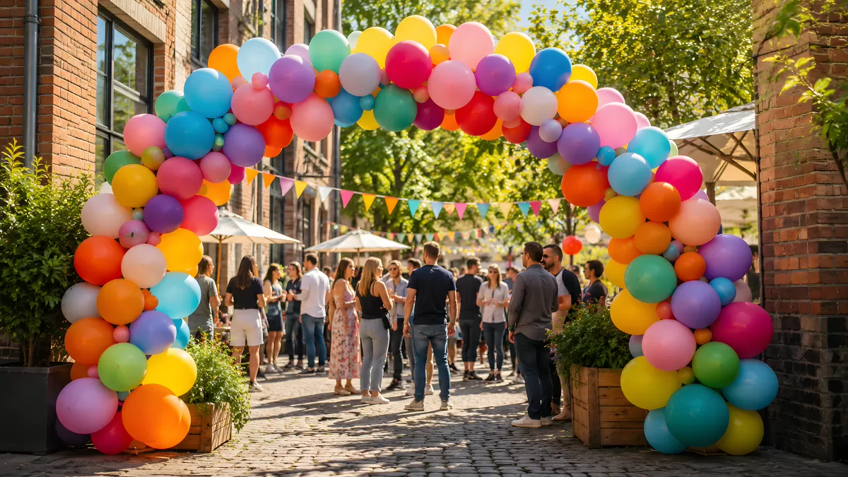 Bunte Ballongirlande bei einem Sommerfest im Freien