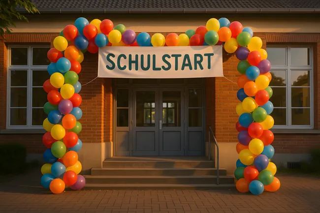 Bunte Ballongirlande beim Eingang einer Schule