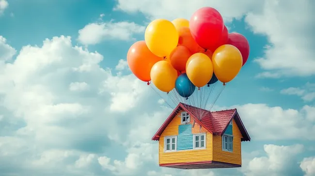 Bunte Ballons heben Traumhaus in den Himmel
