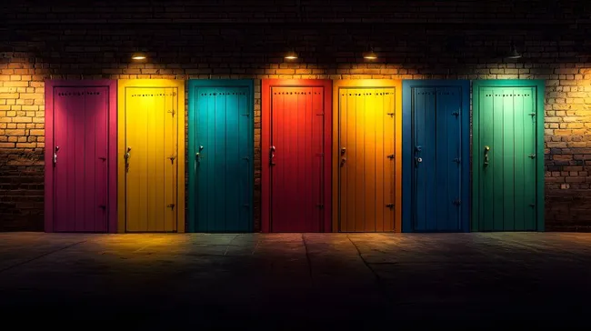 Bunte, beleuchtete Türen an Ziegelwand bei Nacht