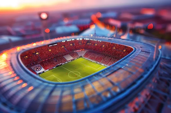 Bunte Beleuchtung im Fußballstadion bei Sonnenuntergang