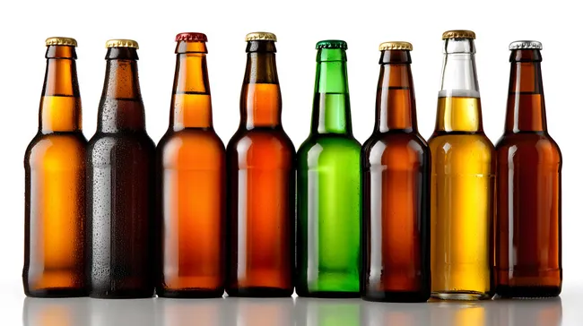 Bunte Biergläser in Reihe auf Weiß