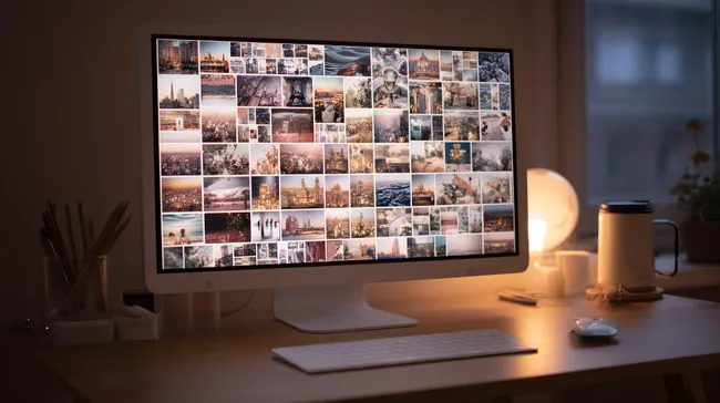 Bunte Bildergalerie am Computerbildschirm im Abendlicht