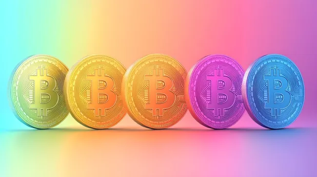 Bunte Bitcoin-Münzen in Regenbogenfarben