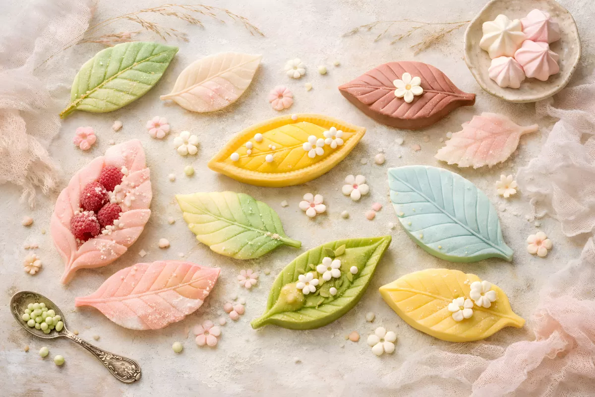 Bunte Blatt-Konfekt mit Blüten und Pastellfarben