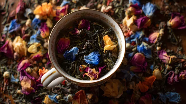 Bunte Blüten in Teemischung für entspannende Tasse Tee