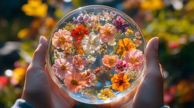 Bunte Blütenpracht in Glaskugel gehalten