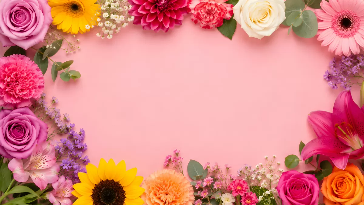 Bunte Blumen als Rahmen auf rosa Hintergrund