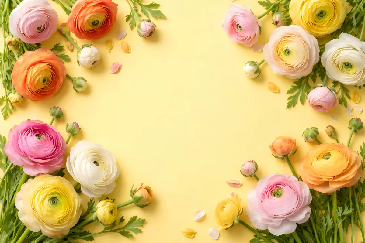 Bunte Blumen in Pastellfarben auf gelbem Hintergrund