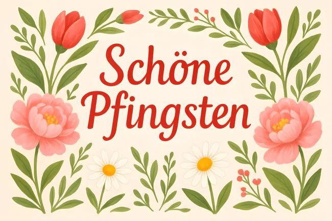Bunte Blumen und Pfingsten-Schriftzug