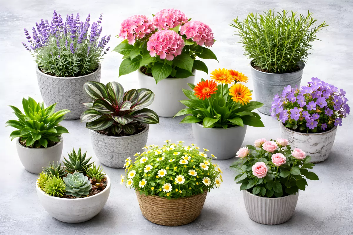 Bunte Blumen und Pflanzen in Töpfen