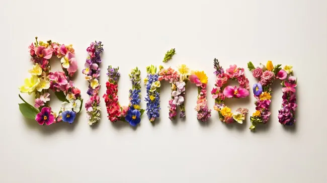 Bunte Blumendekoration in Form des Wortes 'Blumen'