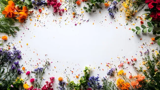 Bunte Blumenkomposition mit Konfetti auf weißem Hintergrund