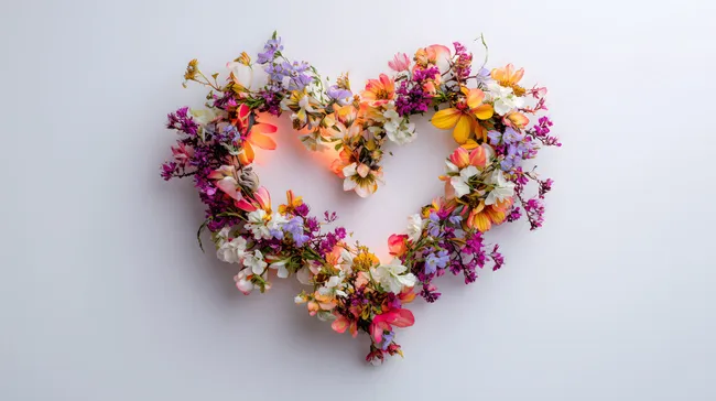 Bunte Blumenkränze in Herzform auf weißem Hintergrund