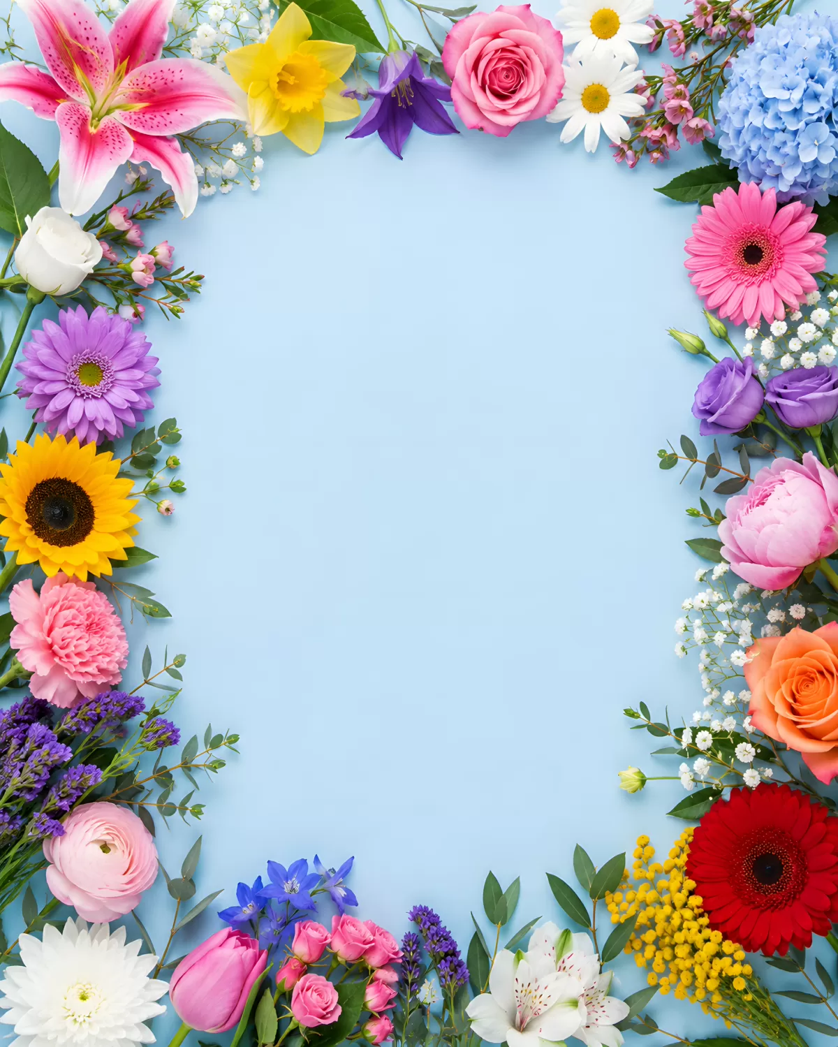 Bunte Blumenrahmen auf hellblauem Hintergrund