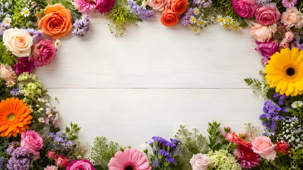 Bunte Blumenrahmen auf weißem Holzhintergrund
