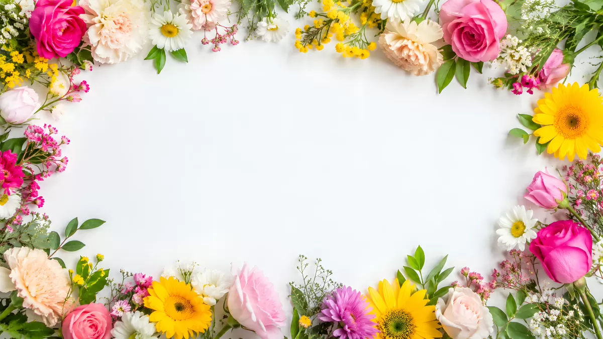 Bunte Blumenrahmen mit Rosen und Gerbera auf Weiß