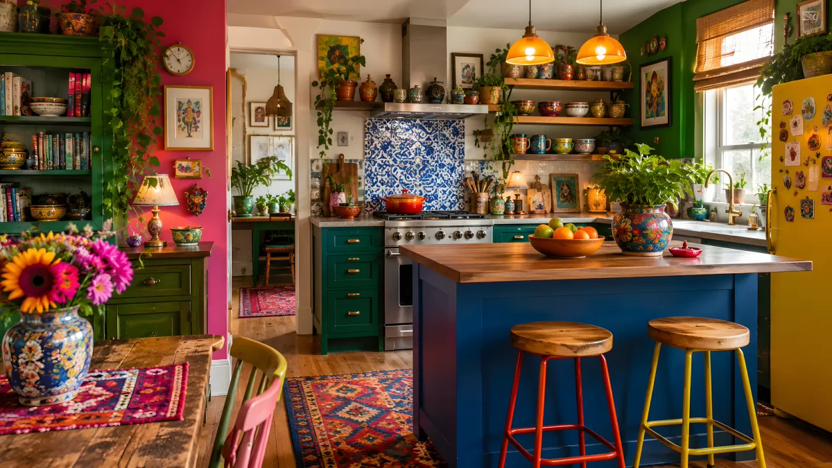 Bunte Boho-Küche mit Kachelofen und Holzinsel