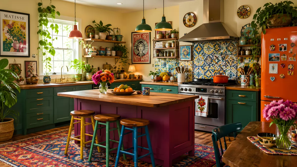 Bunte Boho-Küche mit Kücheninsel und Vintage-Flair