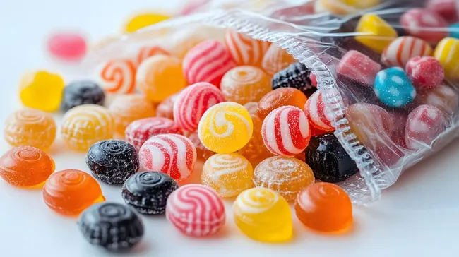 Bunte Bonbonvielfalt in transparenter Tüte