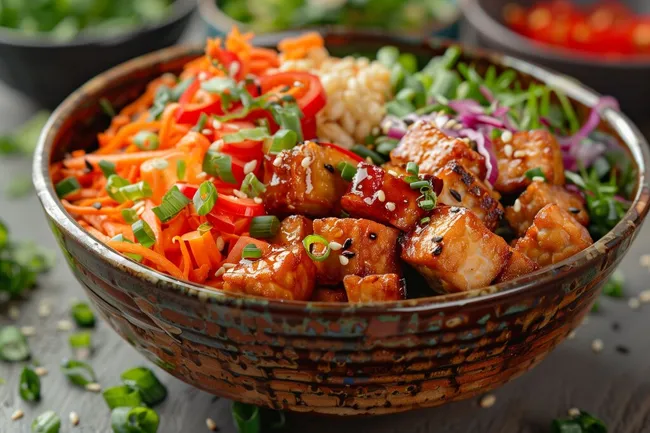 Bunte Bowl mit gegrillten Tofu-Würfeln