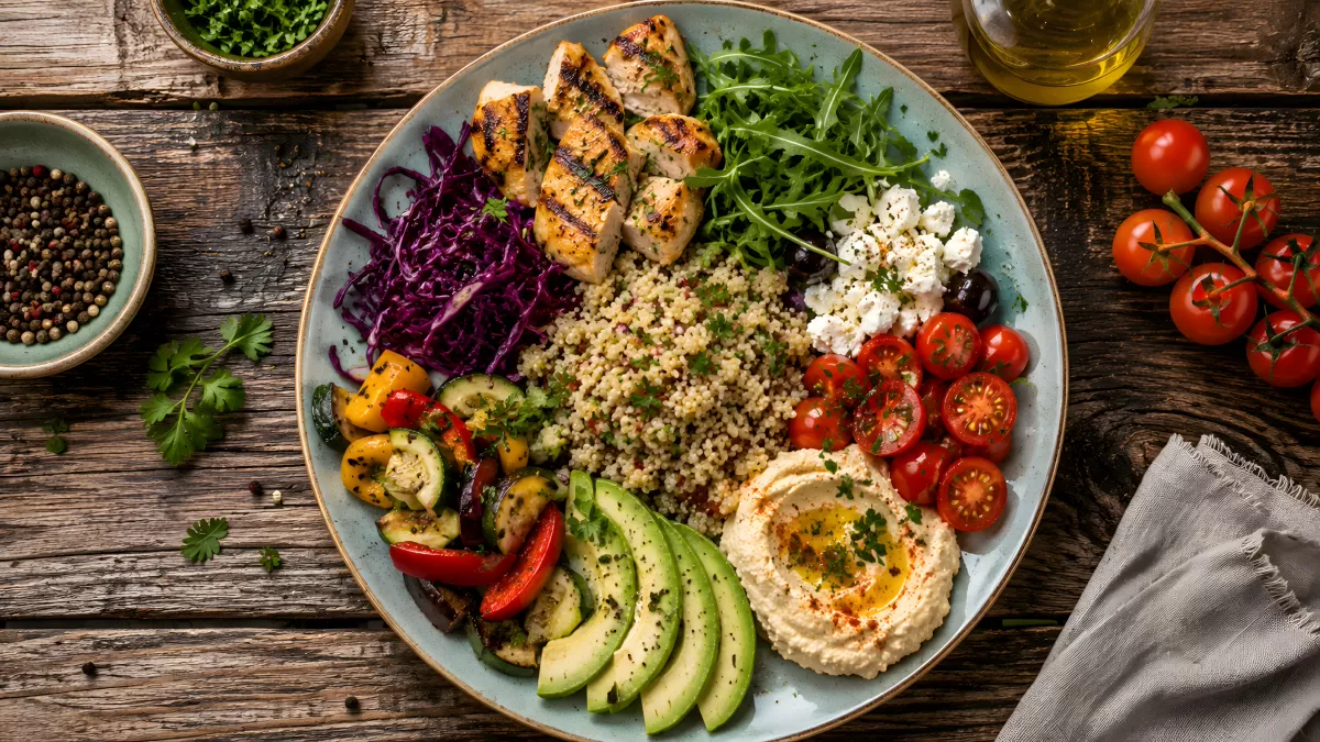 Bunte Bowl mit Grillhähnchen, Avocado und Hummus