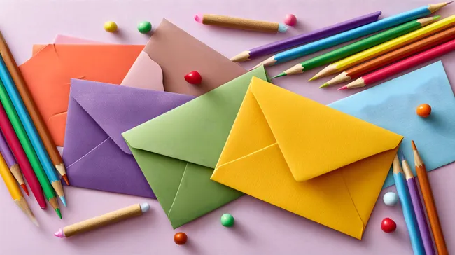 Bunte Briefumschläge und Buntstifte für kreative Gestaltung